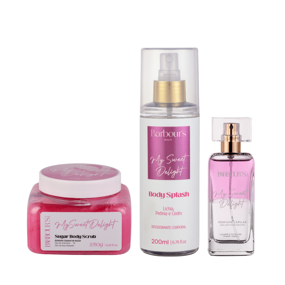 Kit Esfoliante Corporal, Body Splash e Perfume Capilar - My Sweet Delight